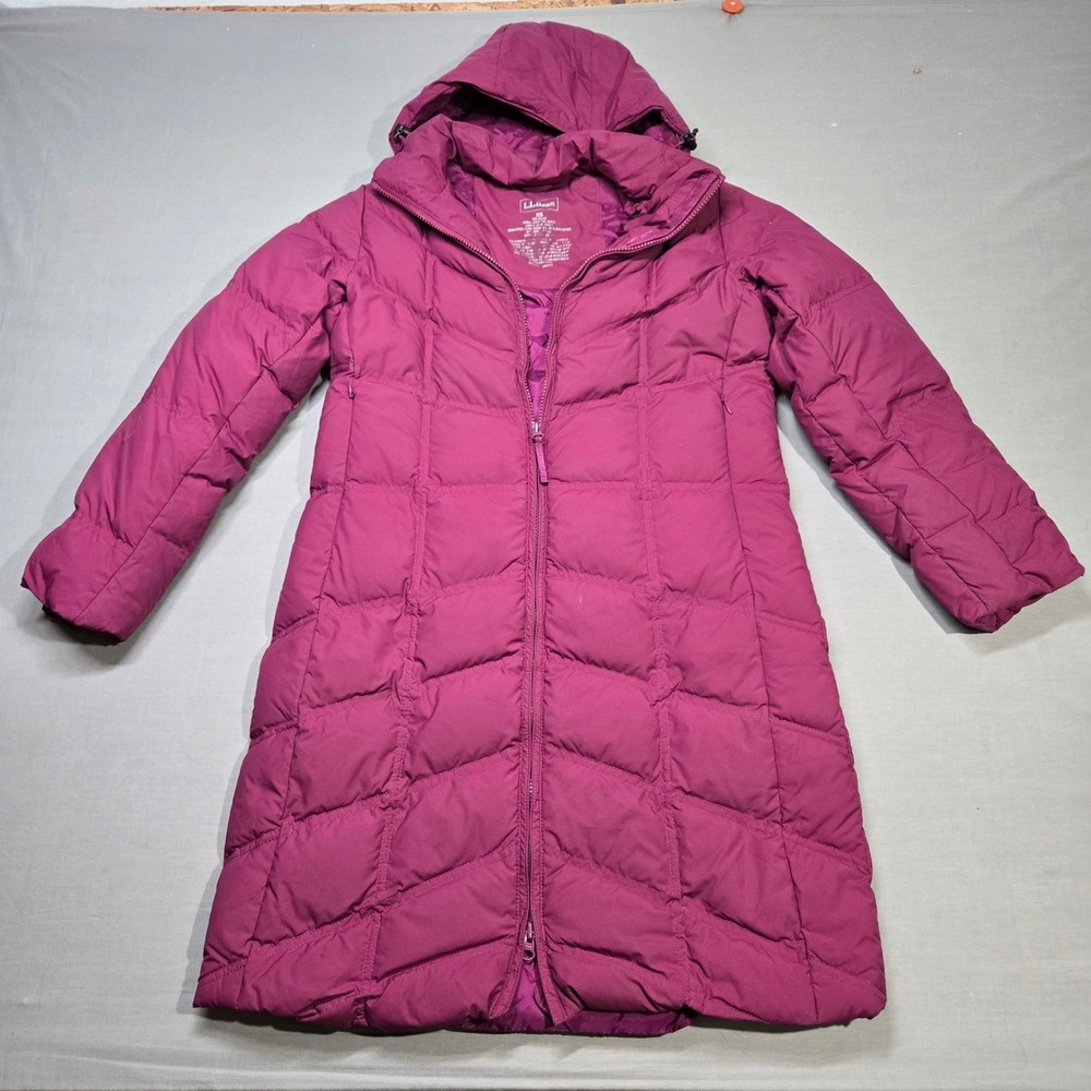 LL Bean Ultralight Down Hooded Long Coat Purple Pink Puffer‎ Parka Womens XS